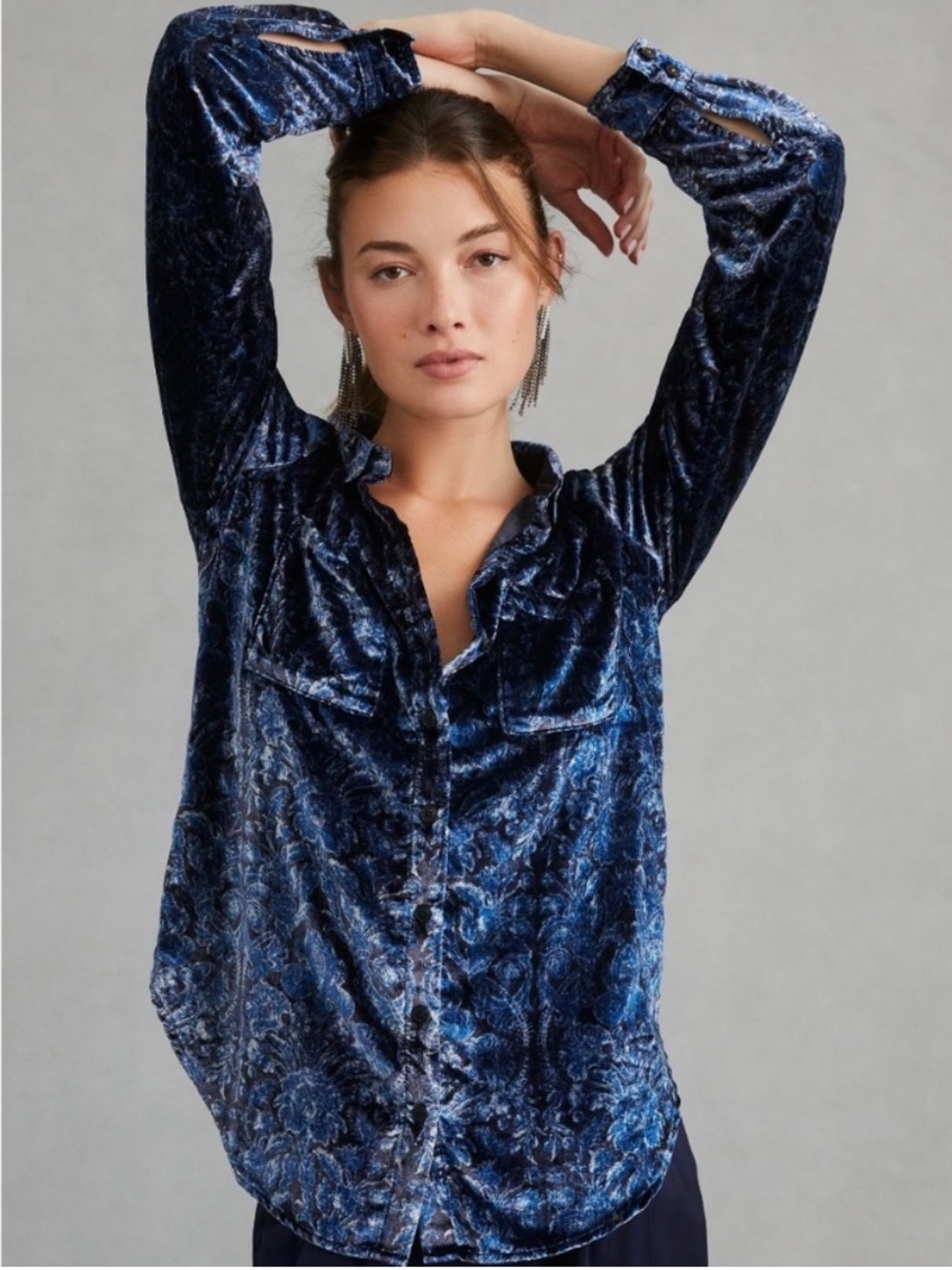 Anthropologie Pilcro Blue Velvet Paisley Relaxed Button Down Shirt Sz Small